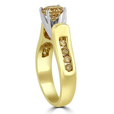 Champagne Diamond Engagement Ring With Side Stones 1.15 Ctw in 14K Yellow Solid Gold